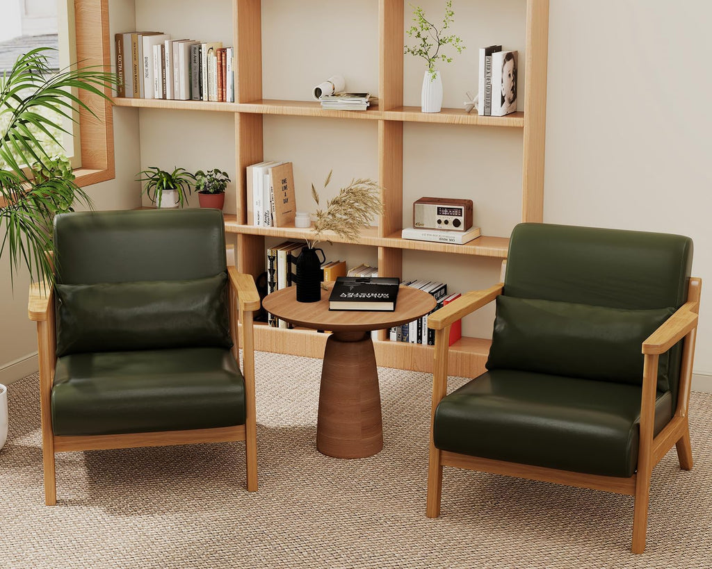 Accent Chair and Ottoman Set, Mid-Century Modern Faux Leather Upholstered Lounge Armchair with Pillow, Solid Wood - Set of 2