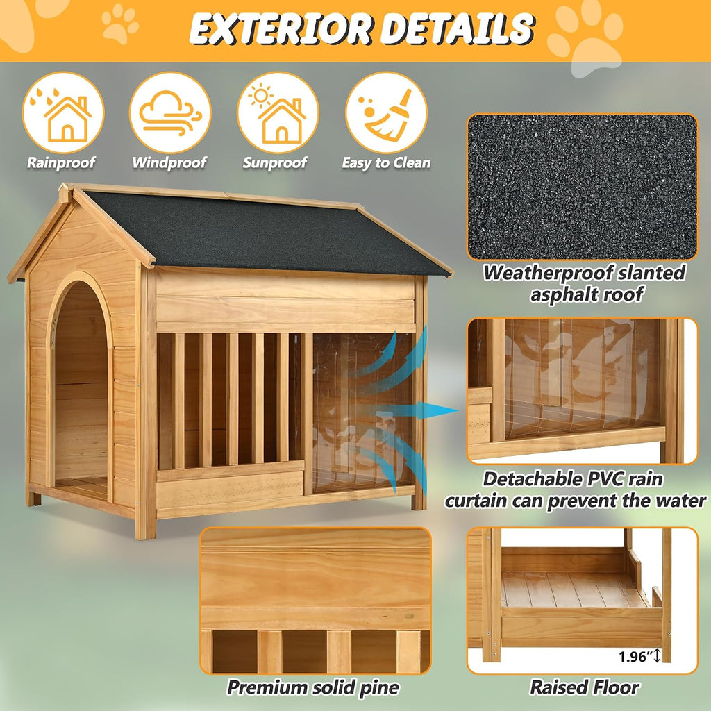 Outdoor Dog House with Insulated Liner, Wooden Kennel with Porch