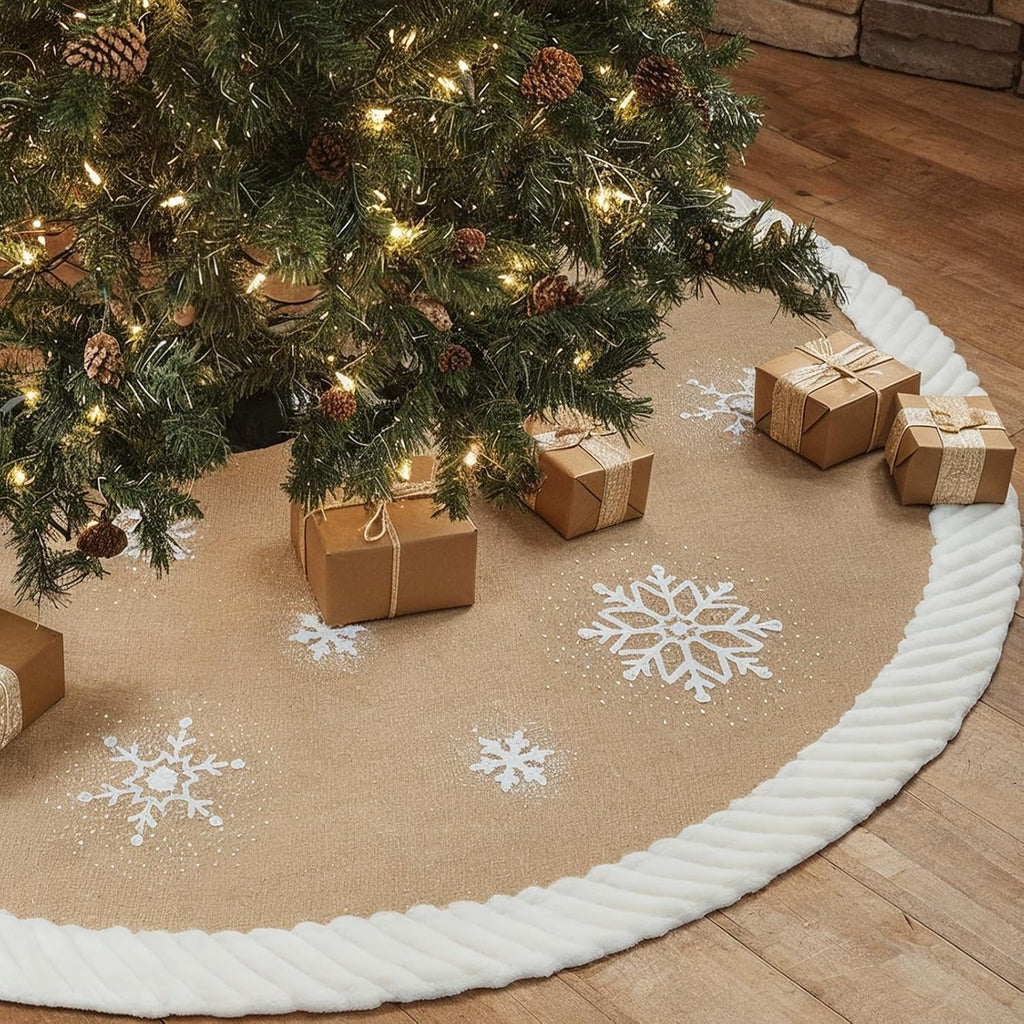 Christmas Tree Skirt 60 inches, Burlap Tree Skirt for 7.5 ft Tree to 9 ft Tree, Large Snowflake Tree Skirt with Faux