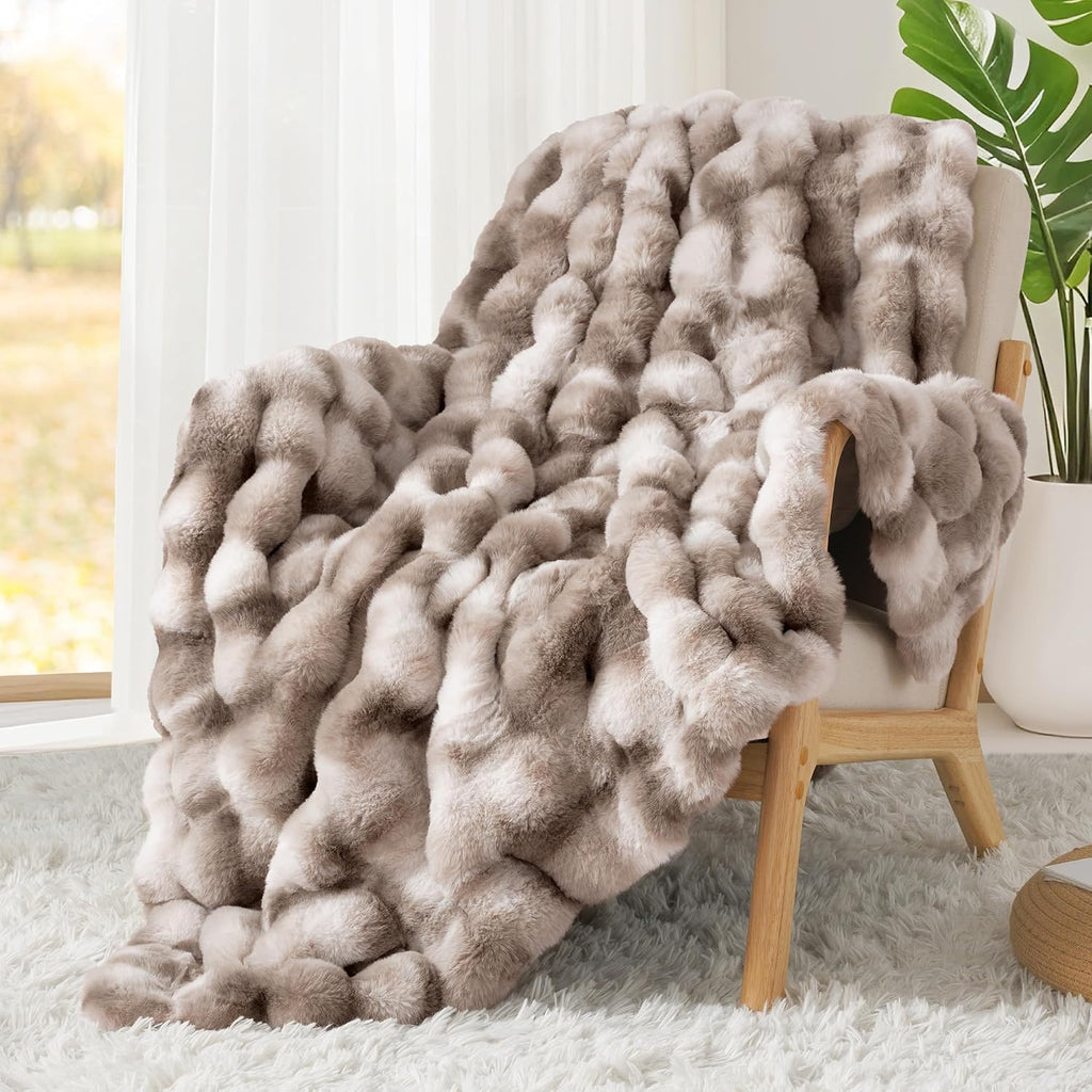 1000GSM Faux Rabbit Fur Throw Blanket, Super Heavy Warm Cozy Brown Blankets for Couch Bed Sofa, Ruched Plush Fuzzy
