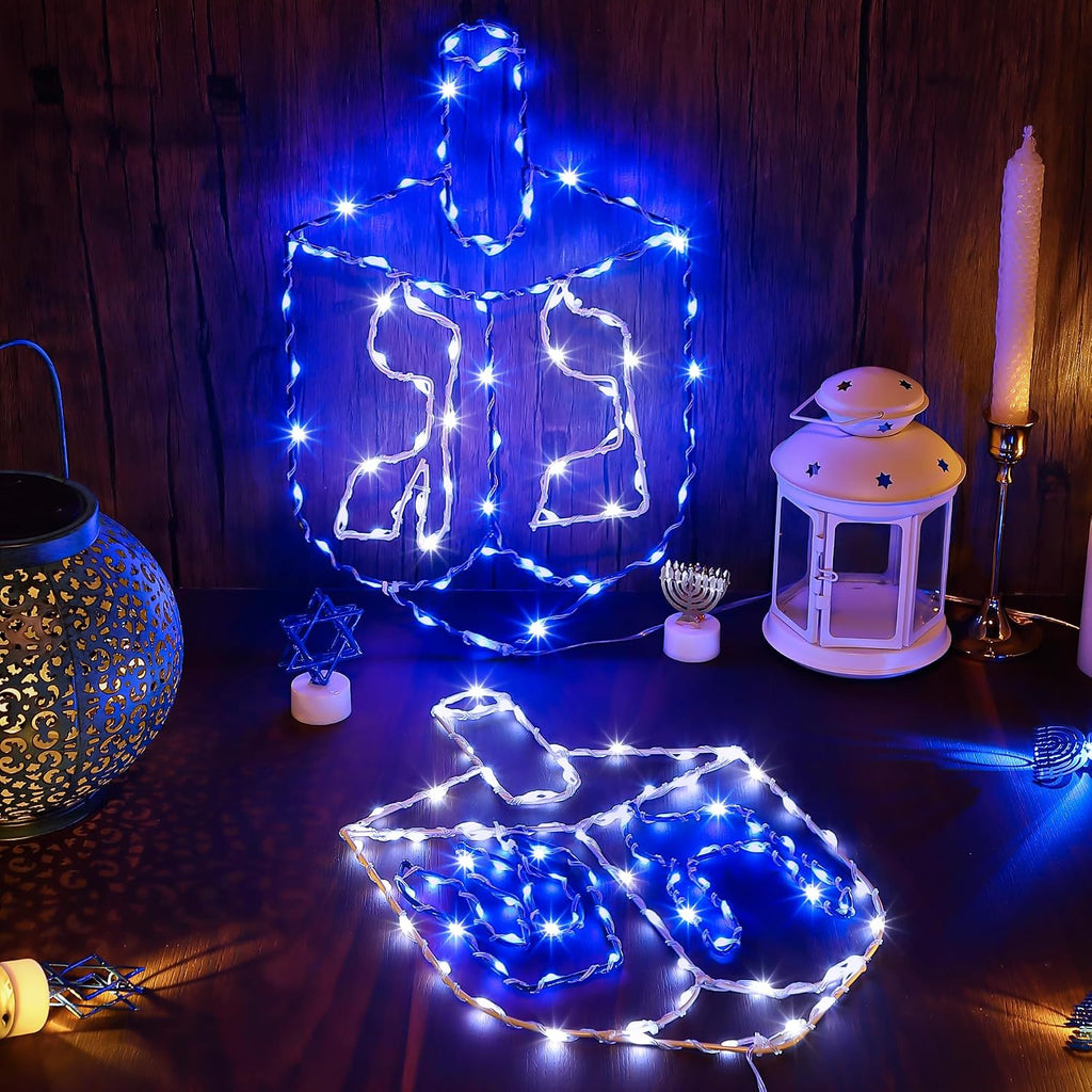 Hanukkah Decorations Window Lights, 8 Modes Blue White Chanukah LED Silhouette Lights Battery Operated - Set of 2