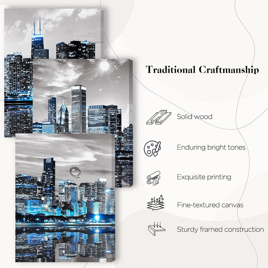 Chicago Skyline Wall Art , Modern City Pictures Canvas Wall Decor Bedroom 3 Pieces Set Night Scene Prints Paintings