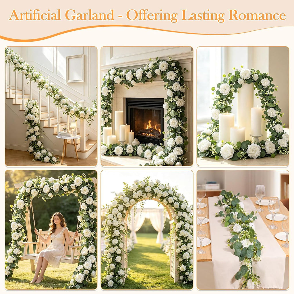 Artificial Eucalyptus Garland with White Roses Fake Greenery Flower - Set of 8