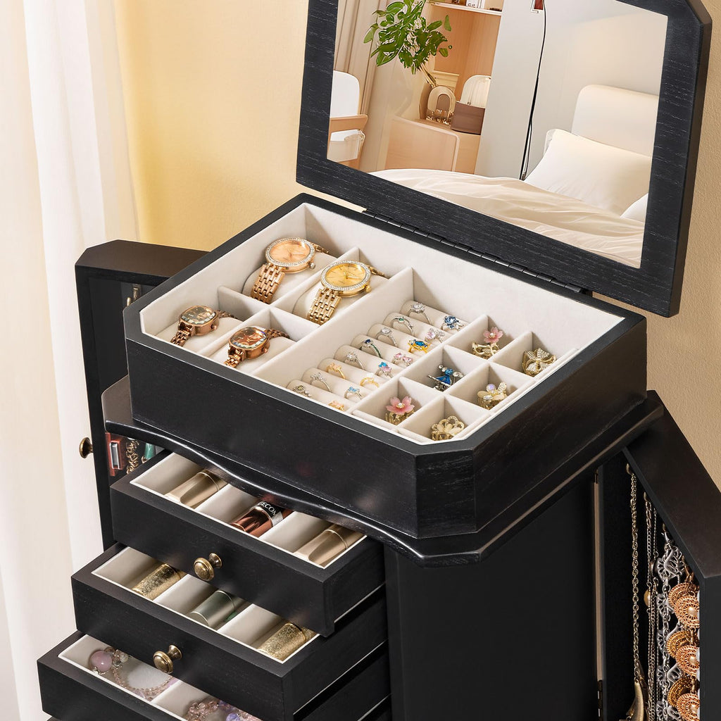 Standing Jewelry Armoire Cabinet, Large Freestanding Jewelry Organizer Box with Mirror, 7 Drawers & 2 Side Doors