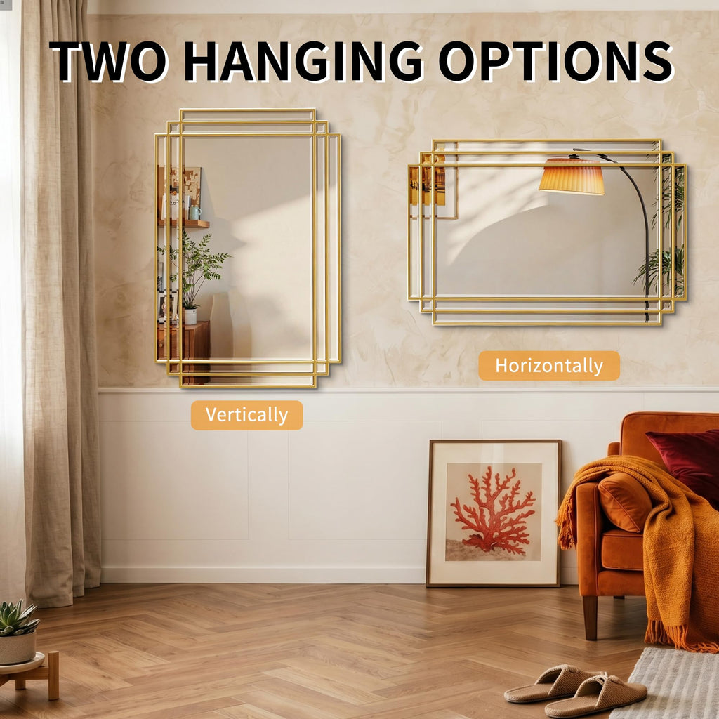 36"x24" Rectangle Beveled Wall Mirror with Gold Geometric Frame