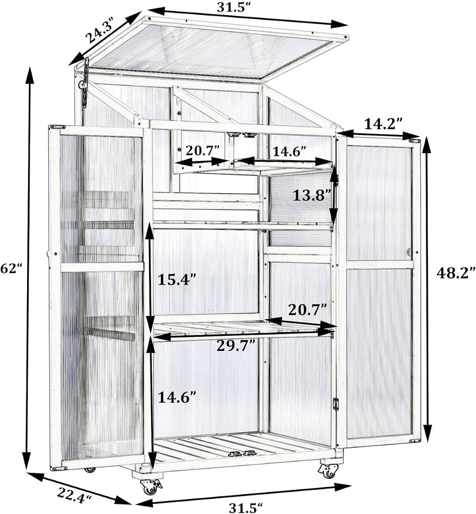 Cold Frame Greenhouse with Wheels, 62 Inch Portable Plant Cabinet | Fir wood, polycarbonate panels, garden or patio