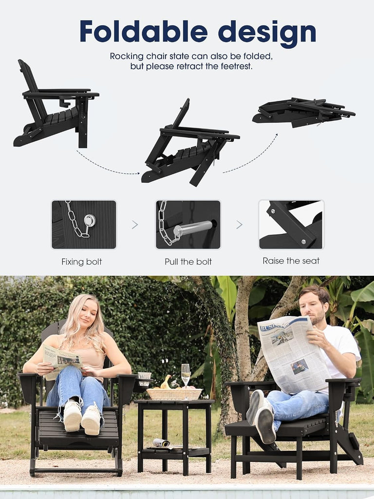 Adirondack Rocking Chair with Ottoman and Cup Holders | HDPE Porch Rocker, Black