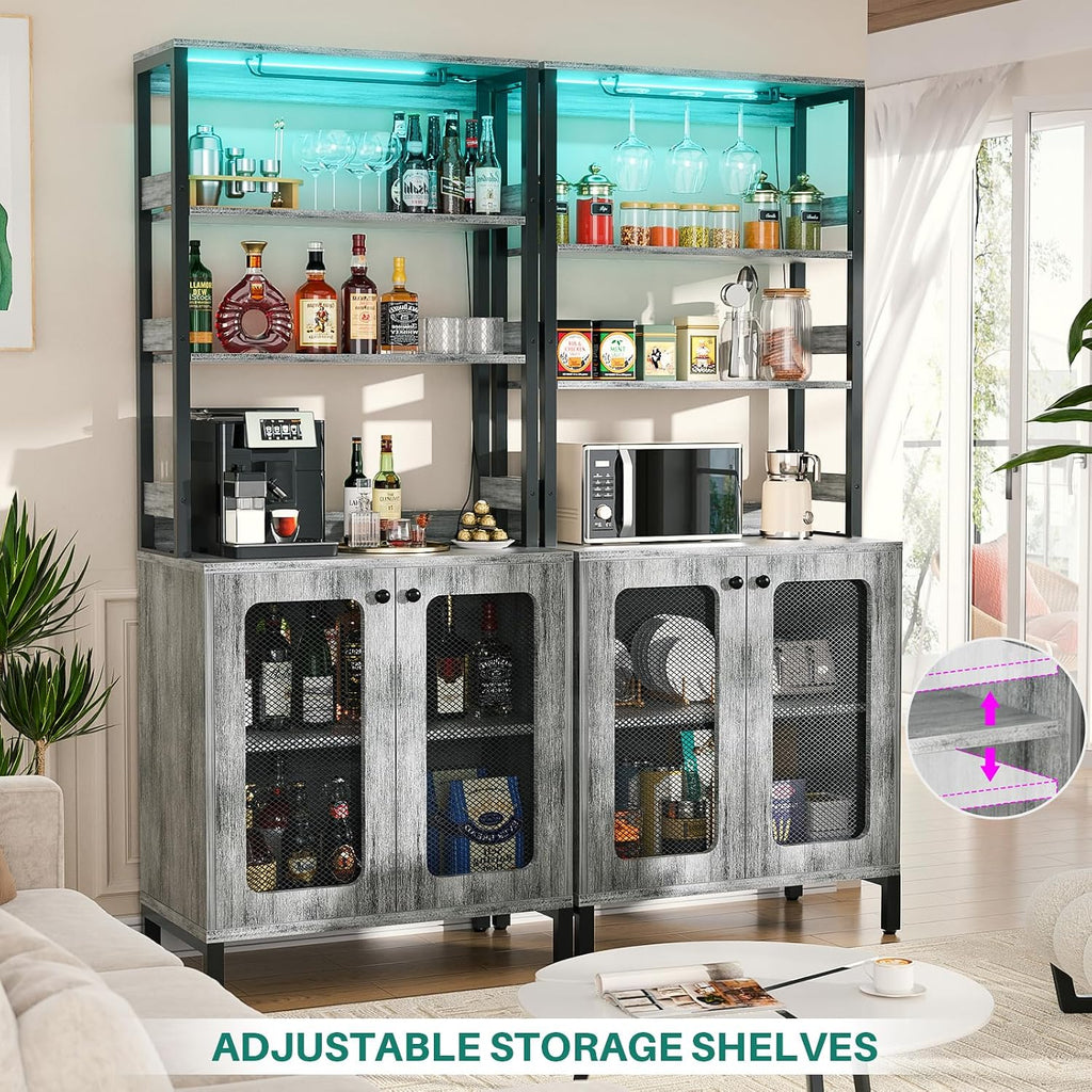 Bar Cabinet with Power Outlets,67" Tall Wine Bar Cabinet,White Oak | Liquor Cabinets with LED Lights and Glass