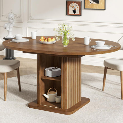 Extendable Round Dining Table for 4-6-8, 59 Inch Dining Room Kitchen Table with Storage, Fluted Wood Slide Door