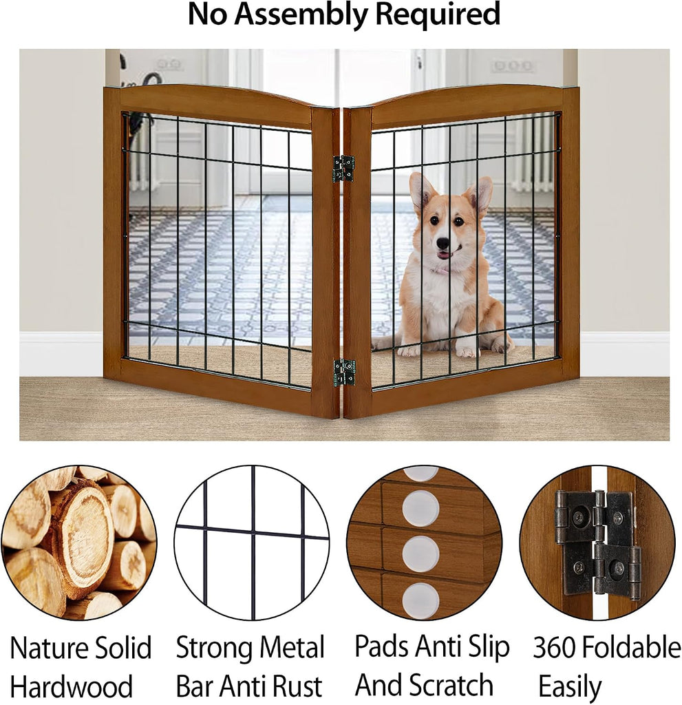 2-Panel Freestanding Foldable Wood Dog Gate - Solid Wood & Steel Wire, Chew-Resistant Pet Barrier for Indoor Use