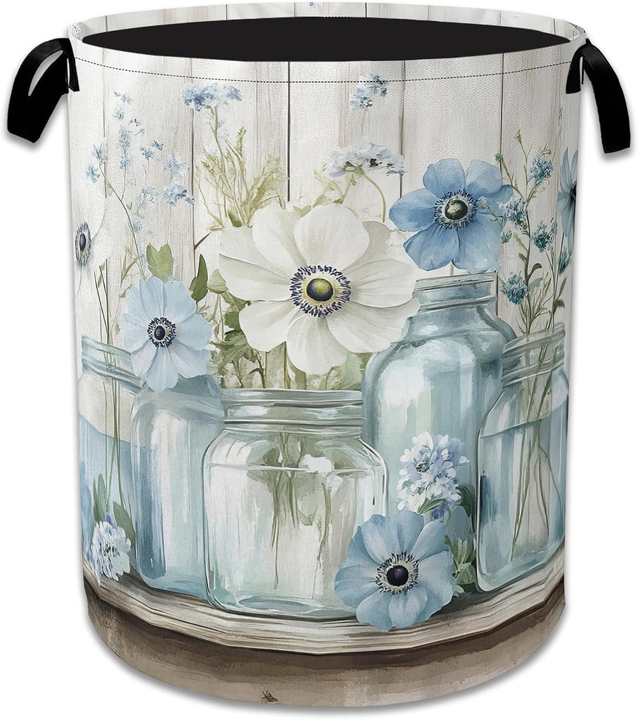 Flowers Laundry Basket,Foldable Oxford Cloth Vintage Wooden Board Laundry Hamper with Handles, 20.8"x16" Tote Bag