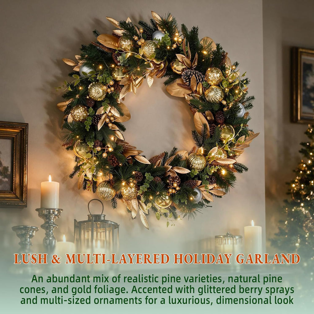 32 Inch Pre-Lit Botanical Christmas Wreath with 60 Warm White LEDs and Timer, Battery Operated Artificial PE & PVC