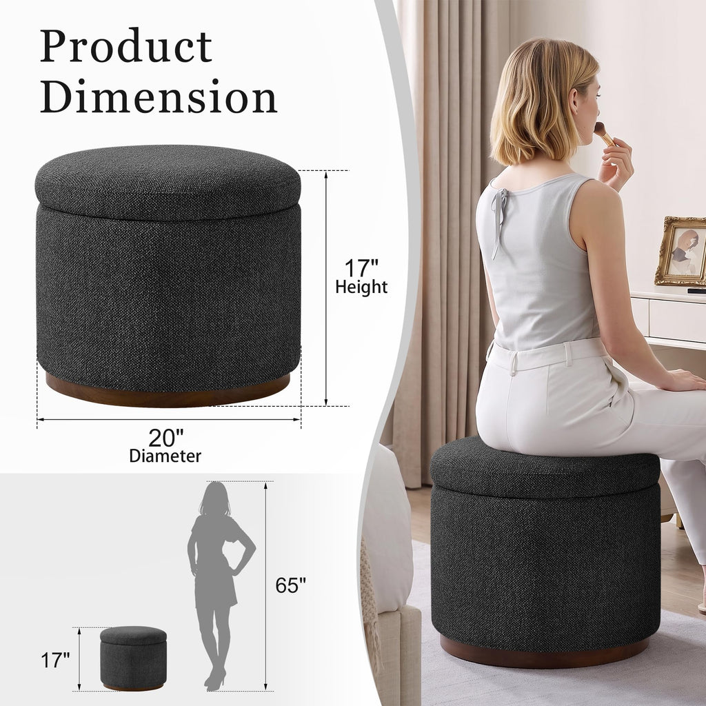 Round Storage Ottoman, 20" Boucle Ottoman Foot Rest Stool(Dark Grey)