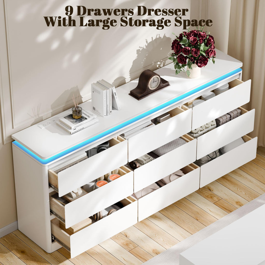 9 Drawer, 62.99" Long White Chest of Drawers w/LED Light