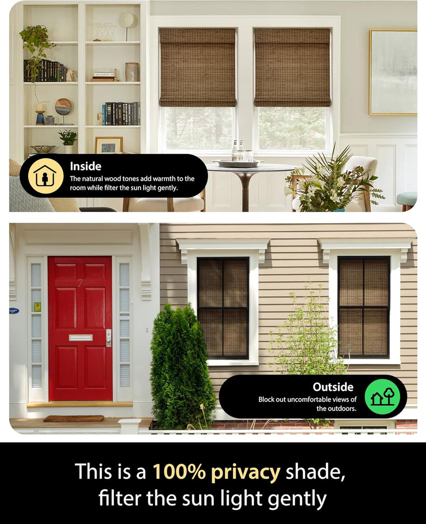 Cordless Bamboo Roman Shades, 35×64 in, Highfield Teak | Wide Bamboo Strip Weaving Technique, High light-blocking
