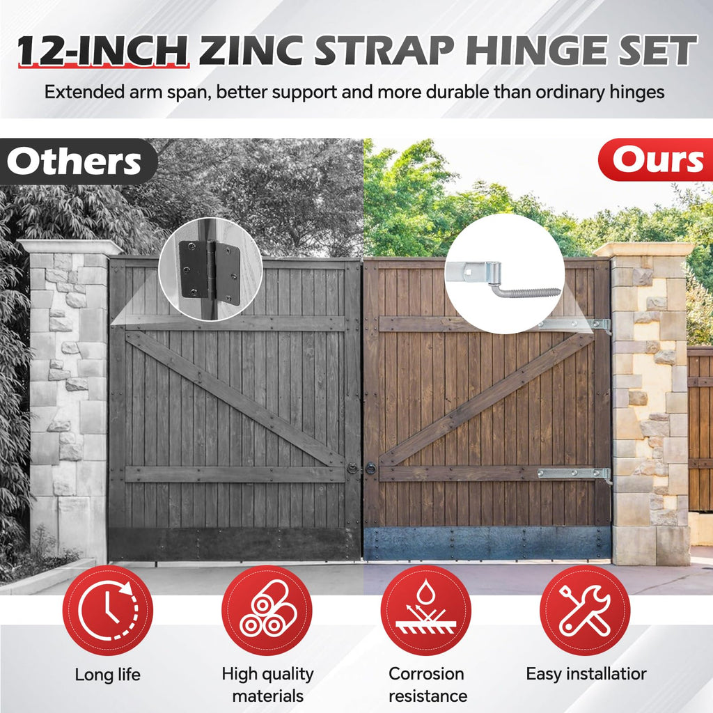 2 Sets 12'' Zinc Strap Hinge for Gates, Heavy Duty Gate Strap Hinge Zinc Plated with L-Screw (M16 × 101mm) for Barns