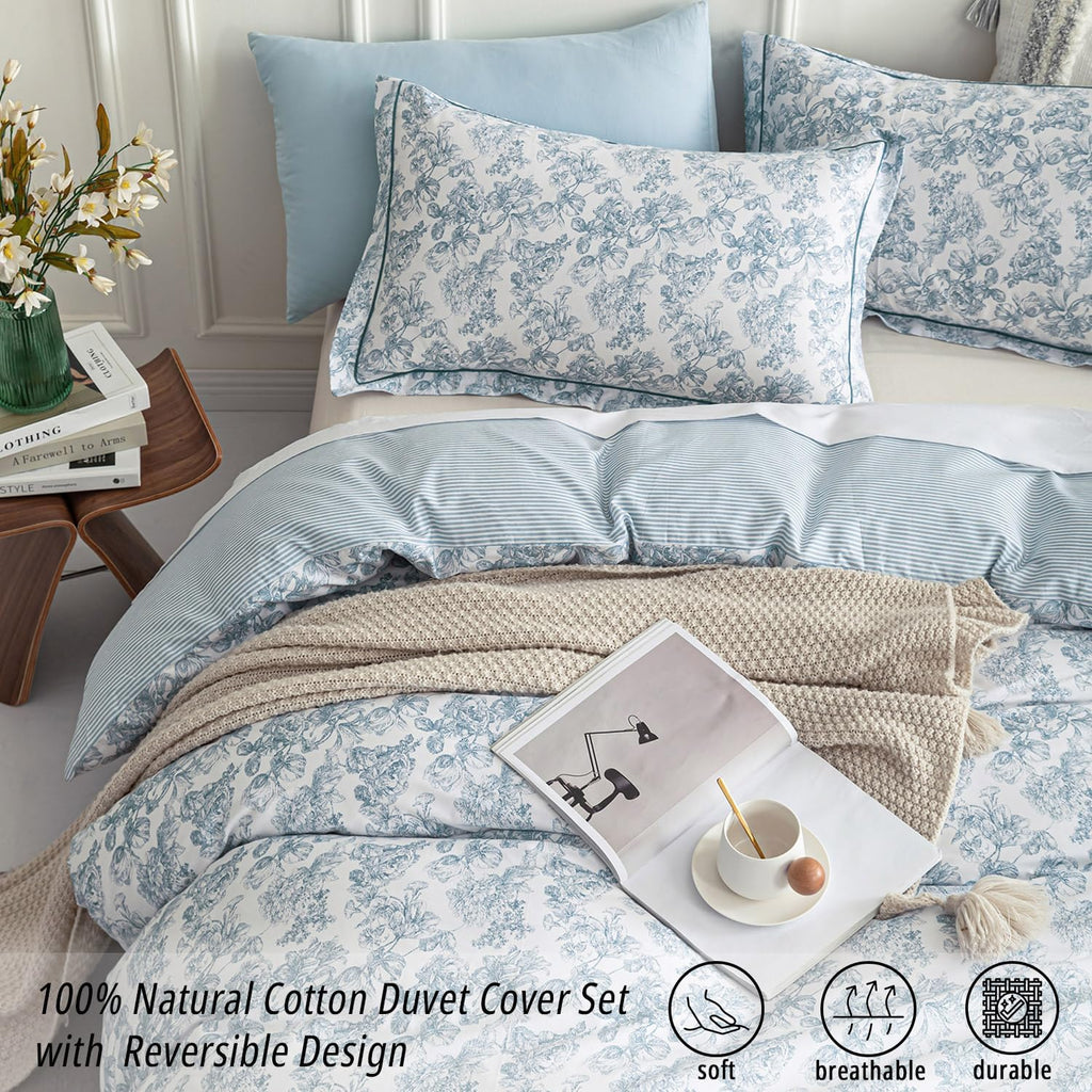 Vintage 100% Cotton Duvet Cover Queen 3PC - Elegant Pale Slate Blue Floral Pattern on White with Light Blue & White