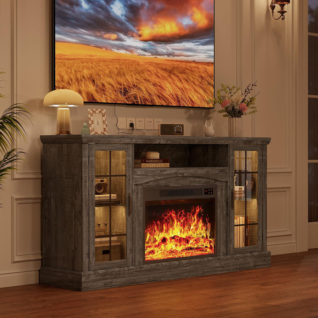 2-in-1 Multifunctional with 23" Removable Electric Fireplace, 58" Farmhouse Entertainment Center, Media Console Table