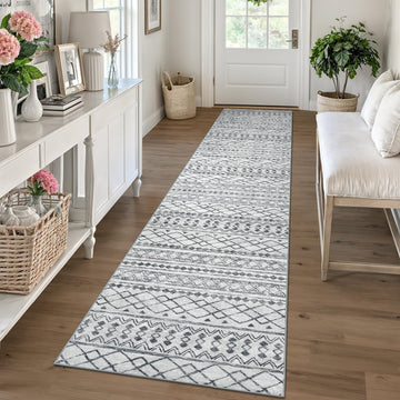 Moroccan Boho Geometric Washable Runner Rug 2x10 Grey Vintage