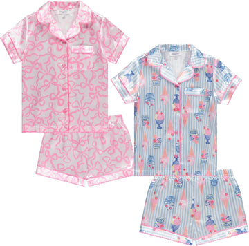 Girls Satin Pajama Set 4 Pack, Short Sleeve Button-Down Sleepwear for Kids, Soft and Breathable Nightwear
