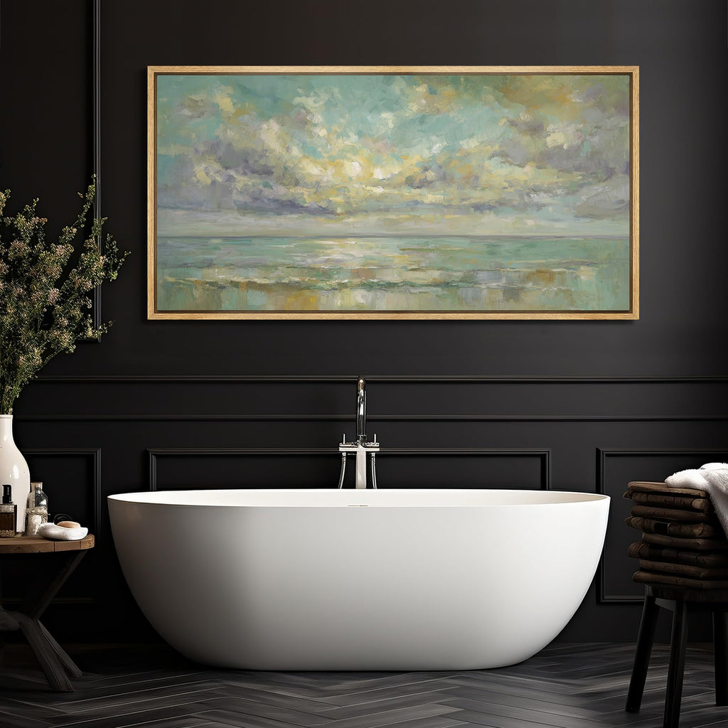 Extra Large Framed Canvas Print Wall Art Serene Ocean Sunrise Horizon Soft Coastal Seascape Landscape Antique Retro