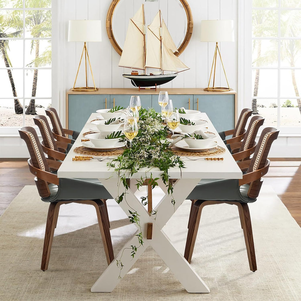 Dining Chairs Set of 2, Green Dining Chairs with Walnut Bentwood Frame, Ergonomic Rattan Back and Curved Arms for Kitchen or Living Room