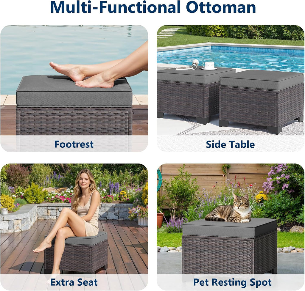 Outdoor Ottoman Set of 2,Footstool with Thickened Cushion,Grey | All-Weather PE Rattan,Removeable Thick