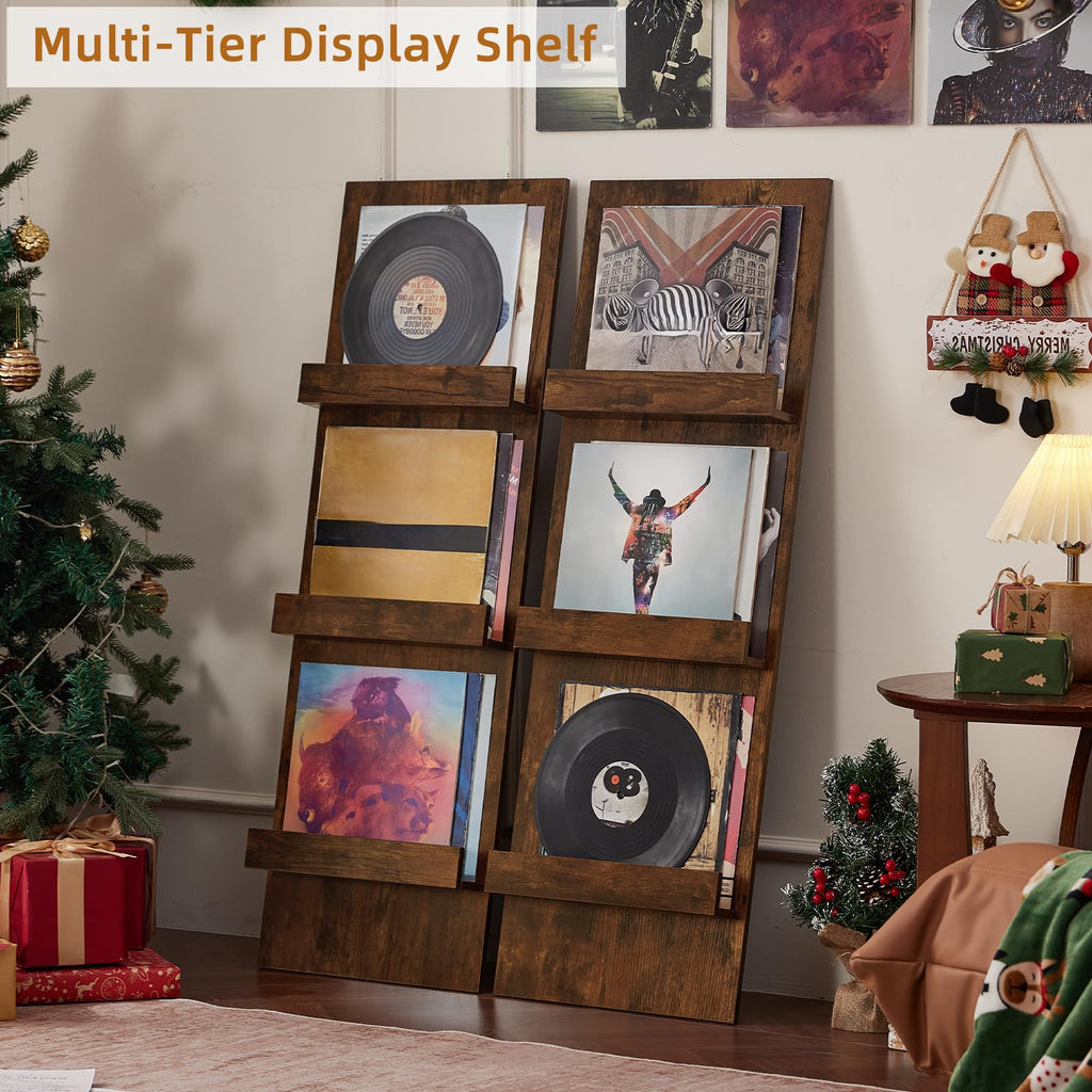 Wall-Leaning Vinyl Record Holder Set of 2 with 3 Tier Display Shelf, 47.5'' Tall Record Storage Magazine Holder