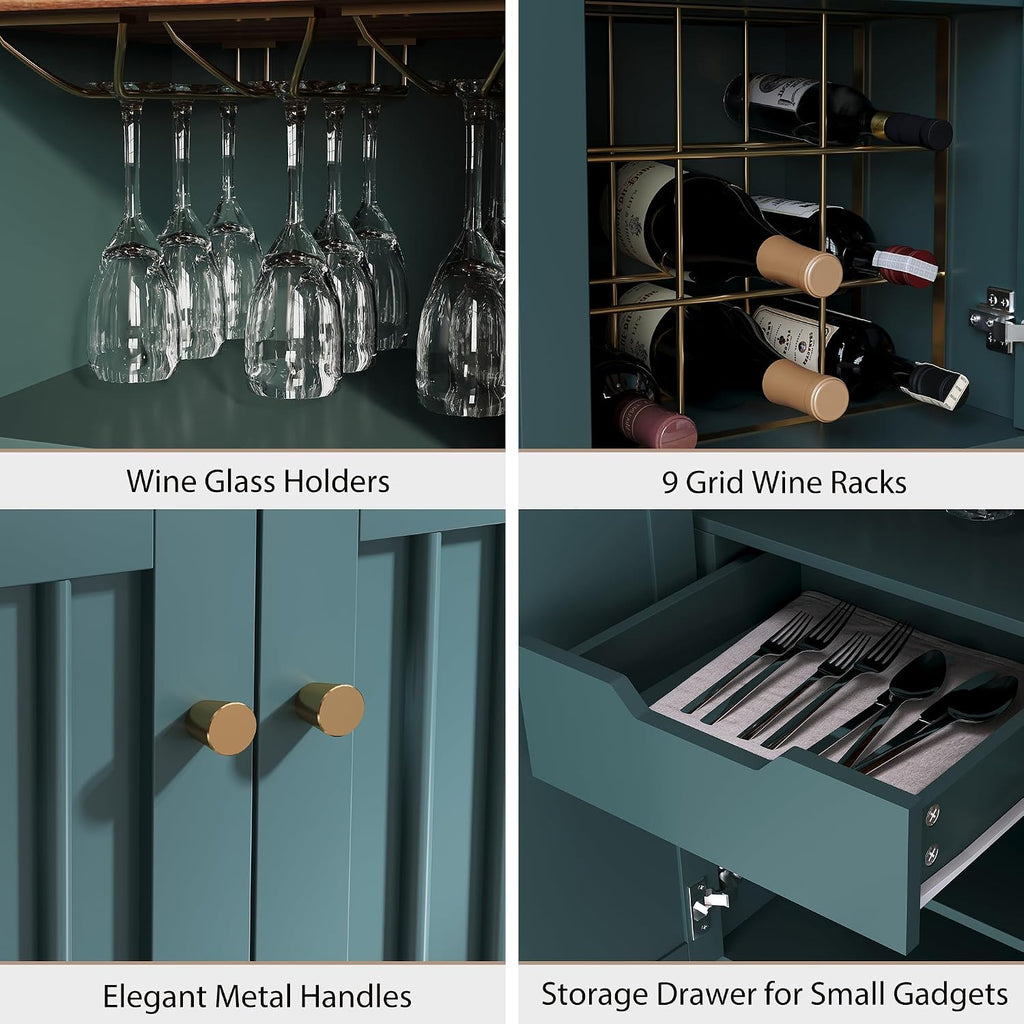 Modern 32 inch Wide Coffee Bar Cabinet with Wine Storage, Liquor Cabinet with Glass Holder & Grid Rack, Fluted
