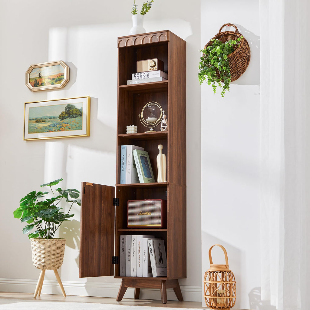 Tall Narrow Bookshelf with Door, Mid Century Modern, Walnut