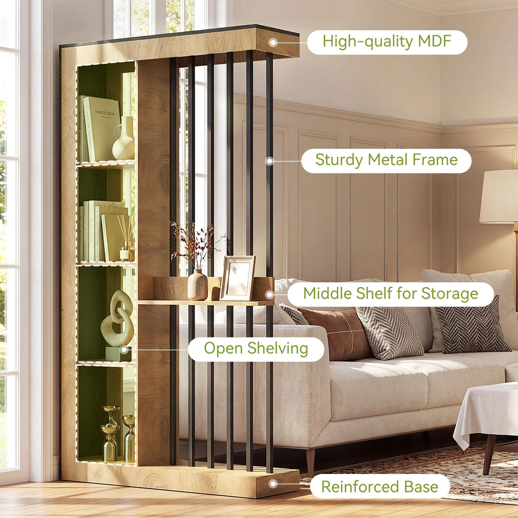 Wall Room Divider with Shelves, 71" Freestanding Wood Partition