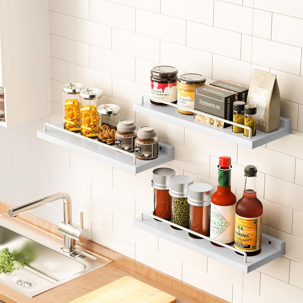 Floating Shelves for Wall Decor, White Shelves , Picture Frames, Plants, Kitchen (Set of 3)