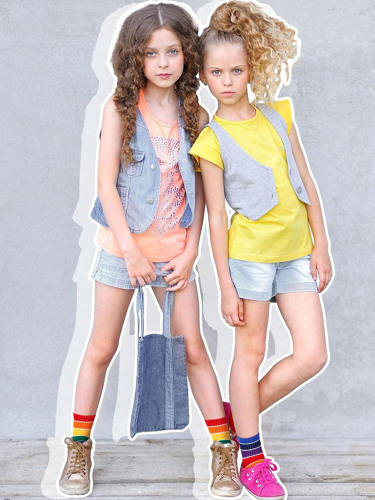 6 Pairs Kids Boys Crew Socks Kids Cotton Rainbow Stripe Calf Breathable Athletic Socks for Girls and Boys