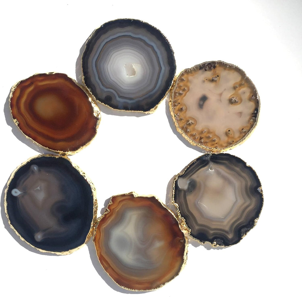 Golden Plated Natural Agate Coasters, Set, 3-4", with Rubber Bumper - Set of 6