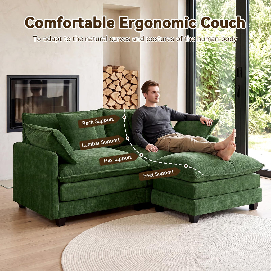 77" Cloud Chenille Sofa Loveseat Couch, Sectional with Ottoman, Green
