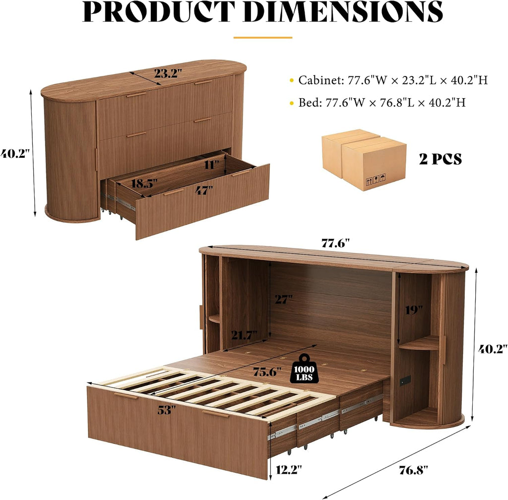 Full Murphy Bed with Storage Bedside Shelves & Sliding Tambour Door, Modern Cabinet Bed with Charging Station &