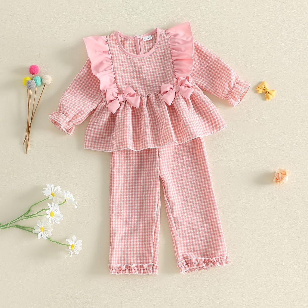 Toddler Baby Girl Fall Clothes Plaid Long Sleeve Ruffle Shirt Top Pants Set