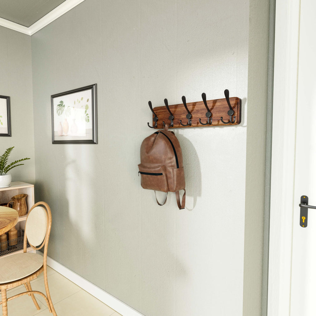 Rustic Coat Rack Wall Mount, 16" Stud Spacing, Solid Wood, Brown