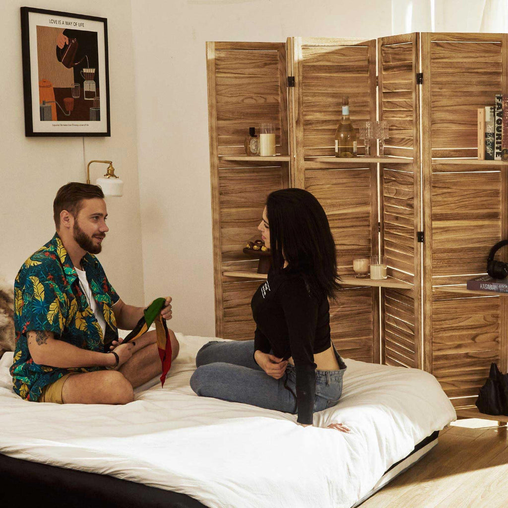 Partition Room Dividers, Folding Wood Privacy Screen with Three Display Shelves Suitable, Study, Art Display - 5