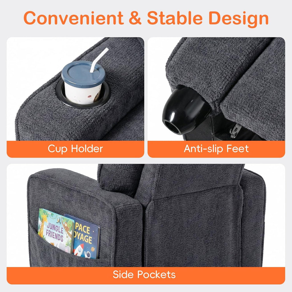Kids Recliner, Toddler Lounge Chair with Adjustable Backrest Footrest Side Pockets Cup Holder 90 lbs Load, Velvet