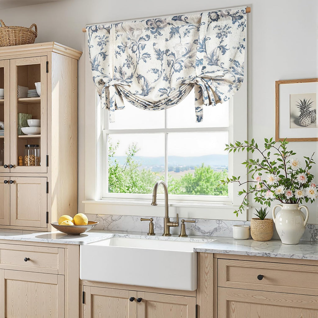 Tie Up Valance Curtain Floral Linen for Windows Farmhouse 45 Inch Damask Printed Short Window Treatment Adjustable