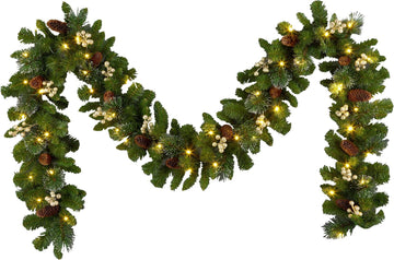 Tree Company Pre-lit Artificial Christmas Garland, Green, Crestwood Gold Spruce, Silver Bristle, Pinecones, Gold