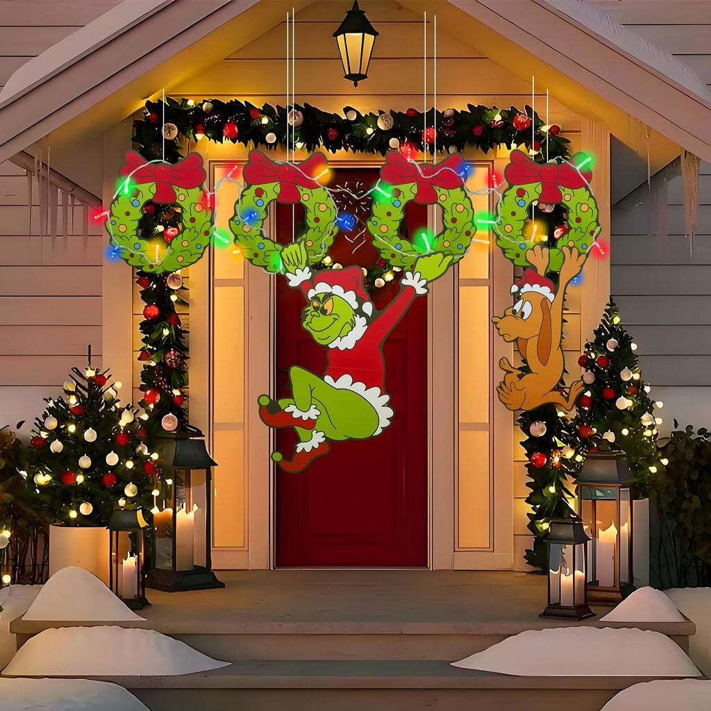 Outdoor Christmas Fence Decorations, 6Pcs Light Up Christmas Fence Peeker Signs Decor with LED String Lights for Yard