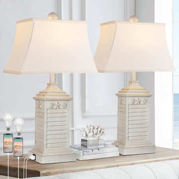 Coastal Table Lamps Set of 2, Beach Living Lamps with USB A+C, Washed White Modern Resin LED 3-Color Temperature
