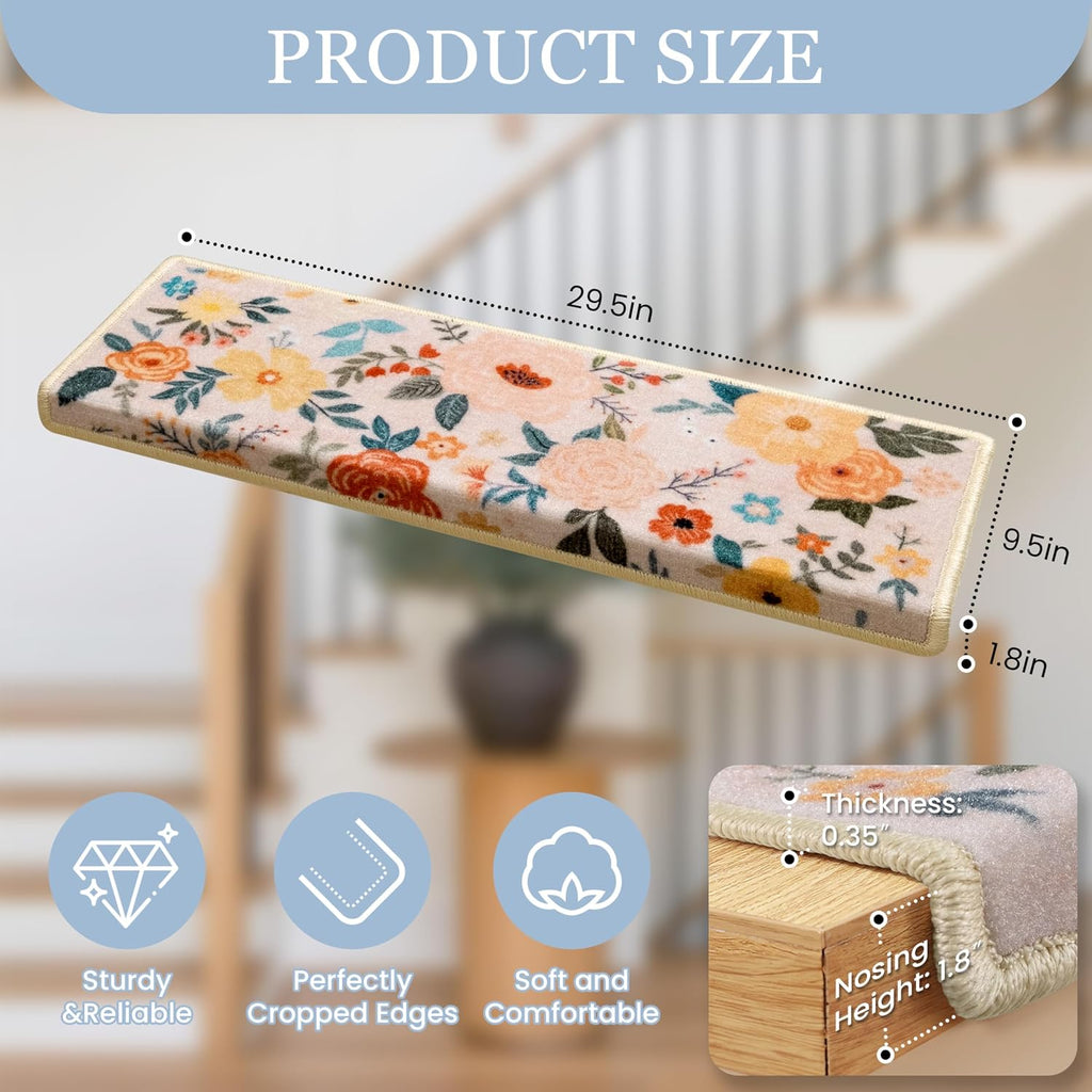Bullnose Stair Treads for Wooden Steps, Non Slip Stair Carpet 14pcs | Washable, Self-Adhesive, Floral Stair Rug