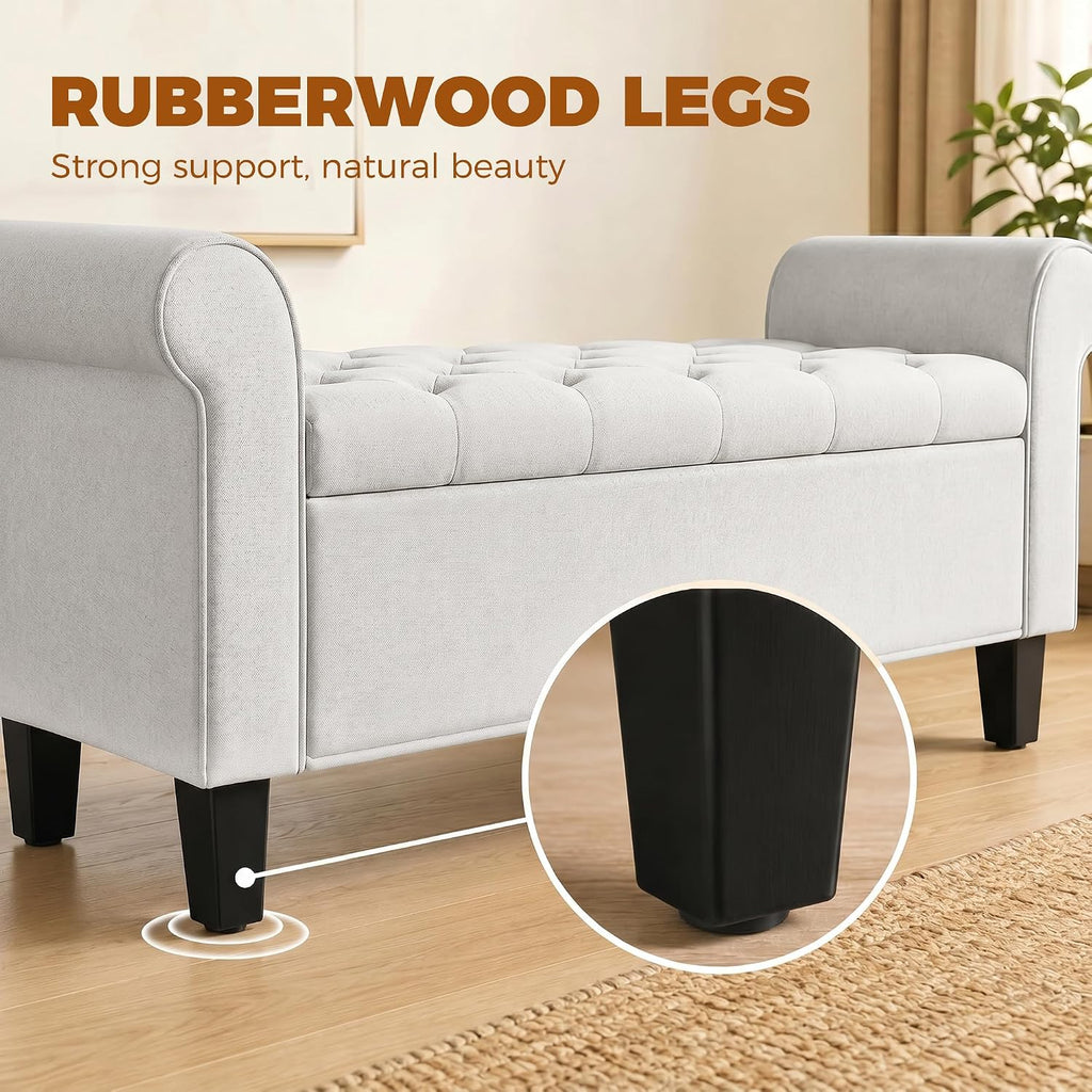 47" Storage Ottoman End of Bed Bench with Rolled Arms Cream White | Long Ottoman with Storage Chest, Safety Hinge
