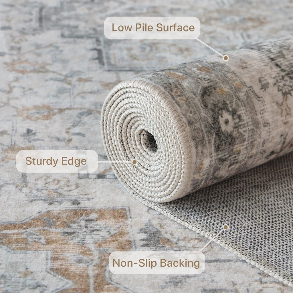 5X7 Area Rugs for Living Room, Machine Washable Non Slip Vintage Rugs, Low Pile Lightweight Chenille Print Rug for