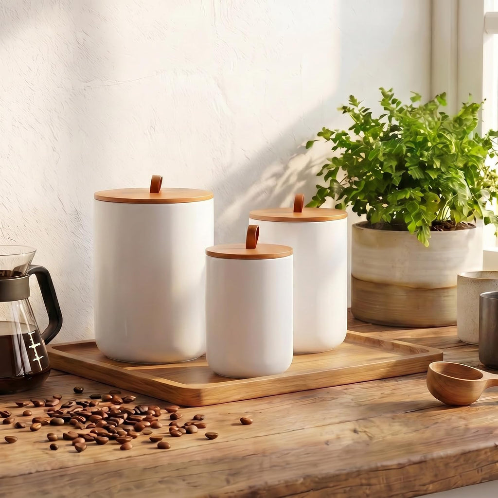 White Ceramic Food Storage Canister Set (30 oz, 48 oz, 82 oz) with Bamboo Lids, 3-Piece Airtight Jars for Flour - Set of 3
