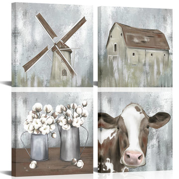 4 Piece Farmhouse Canvas Wall Art Rustic Cow Dutch Windmill Cotton Flower Picture Artwork Modern Countryside Printed