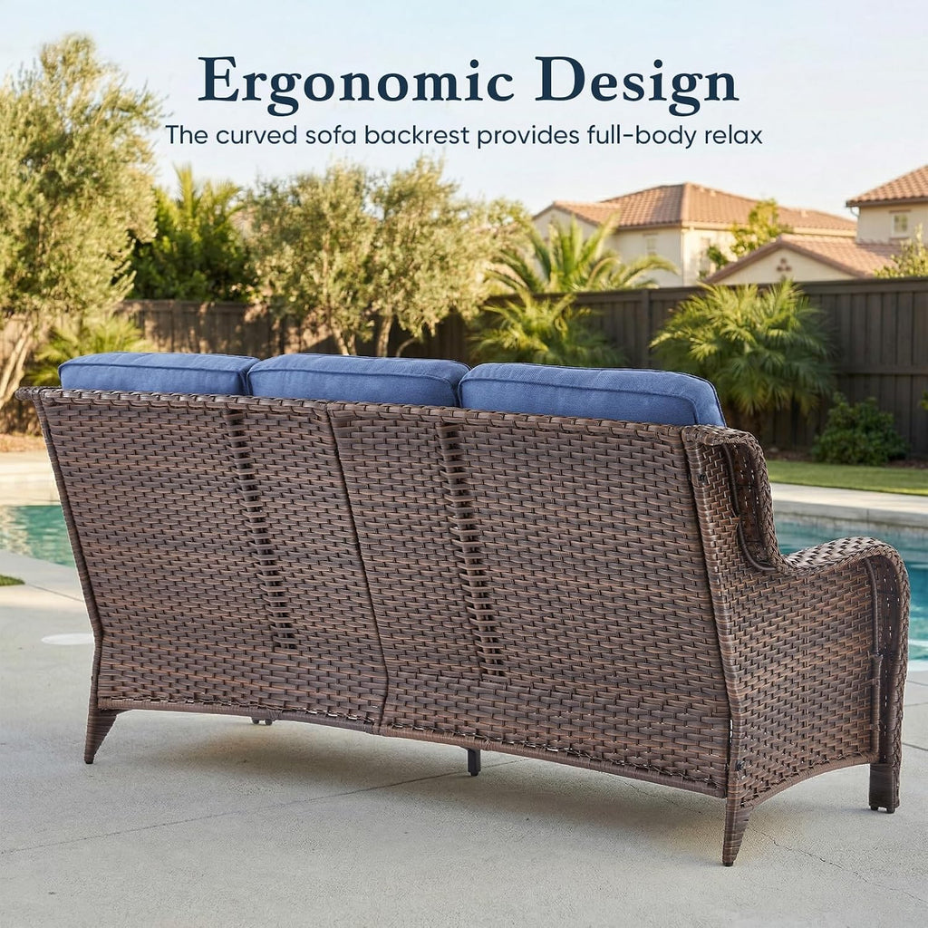 Luxury 6" Thick Cushioned PE Wicker 3-Seater Outdoor Couch, All-Weather Comfortable Modern Patio Sofa, High Back Deep